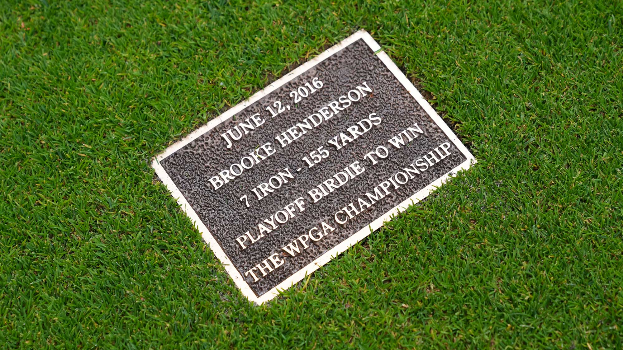 Brooke Henderson's plaque on the 18th hole fairway during the KPMG Women's PGA Championship at Sahalee Country Club on Tuesday, June 18, 2024 in Sammamish, Washington.