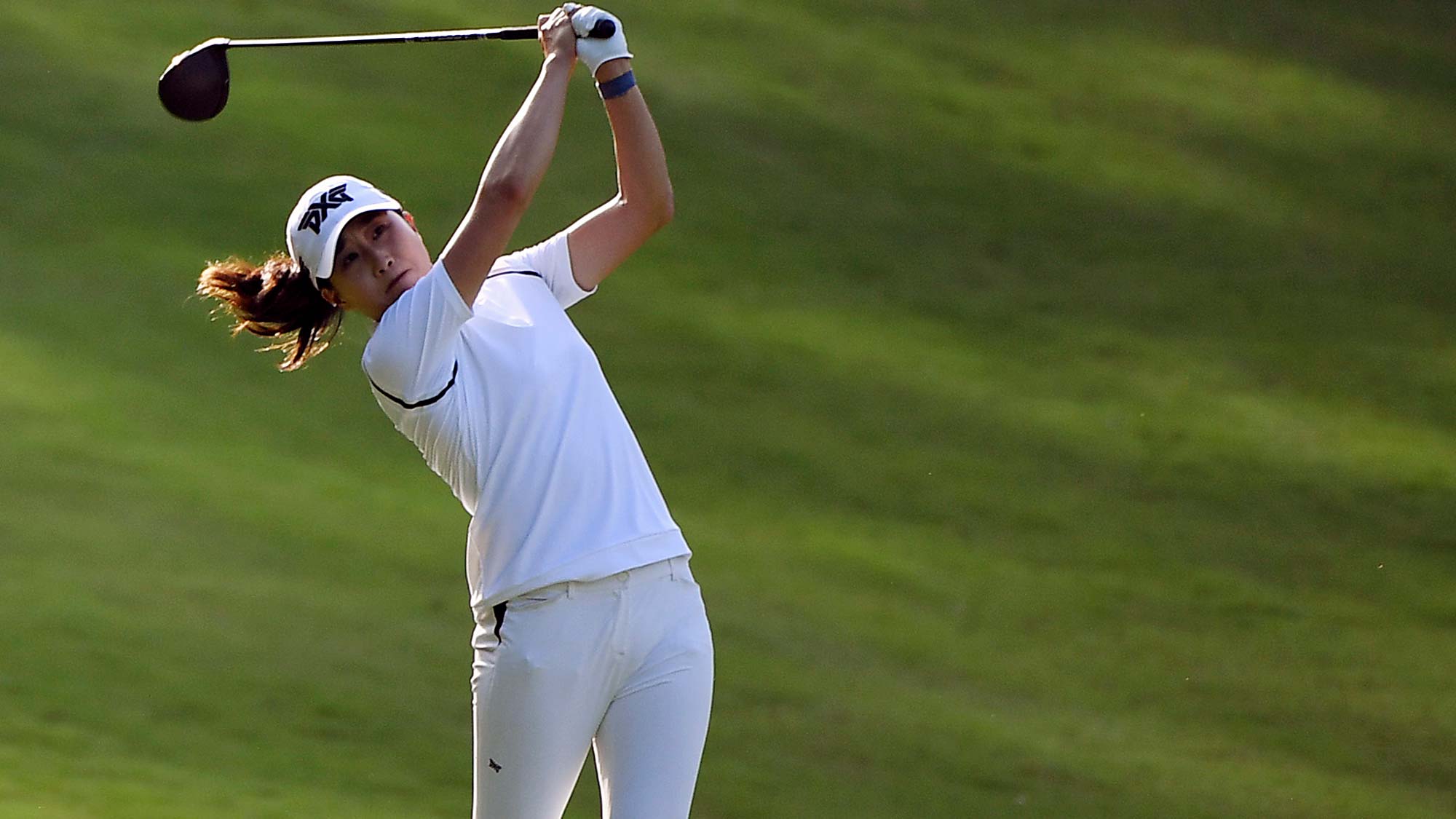 Jennifer Song tees off on the eighth hole, the 17th in her round of 18, during round one of the 2020 LPGA Drive On Championship - Reynolds Lake Oconee