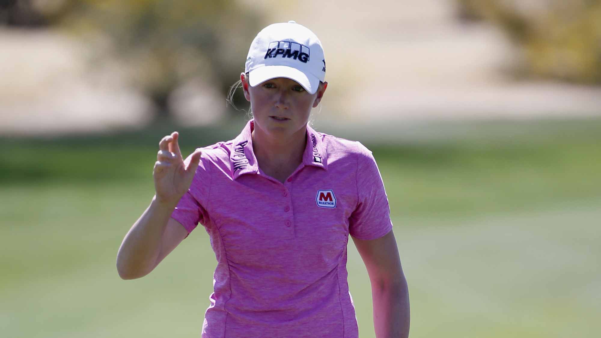 Stacy Lewis reacts after a putt on the first green during the second round of the LPGA JTBC Founders Cup at Wildfire Golf Club