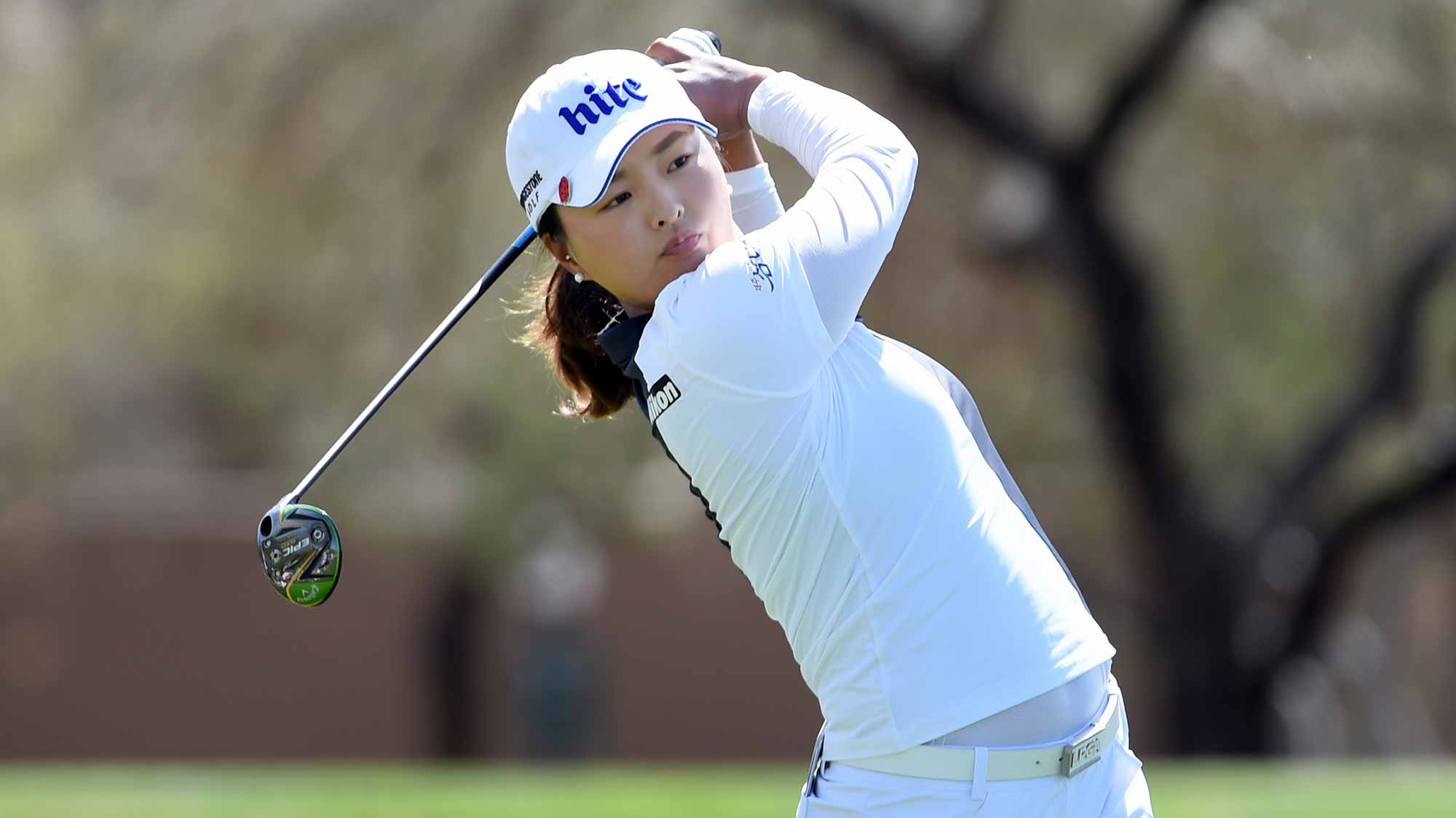 Jin Young Ko of Korea hits her tee shot on the third hole during the final round of the Bank Of Hope Founders Cup at the Wildfire Golf Club on March 24, 2019 in Phoenix, Arizona