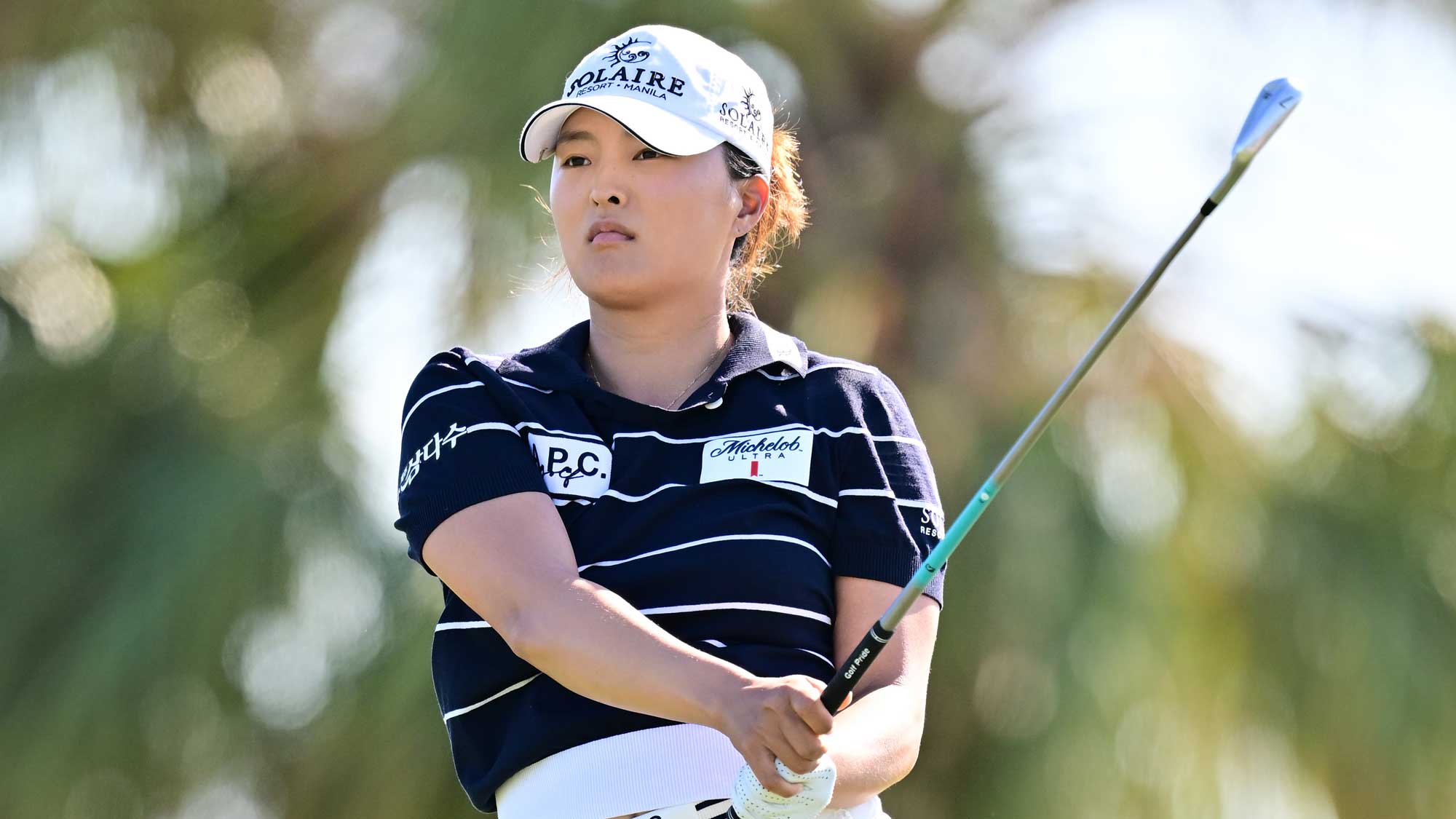 Jin Young Ko of South Korea plays a shot from the 15th tee during the second round of the Founders Cup presented by U.S. Virgin Islands 2025 at Bradenton Country Club on February 07, 2025 in Bradenton, Florida.