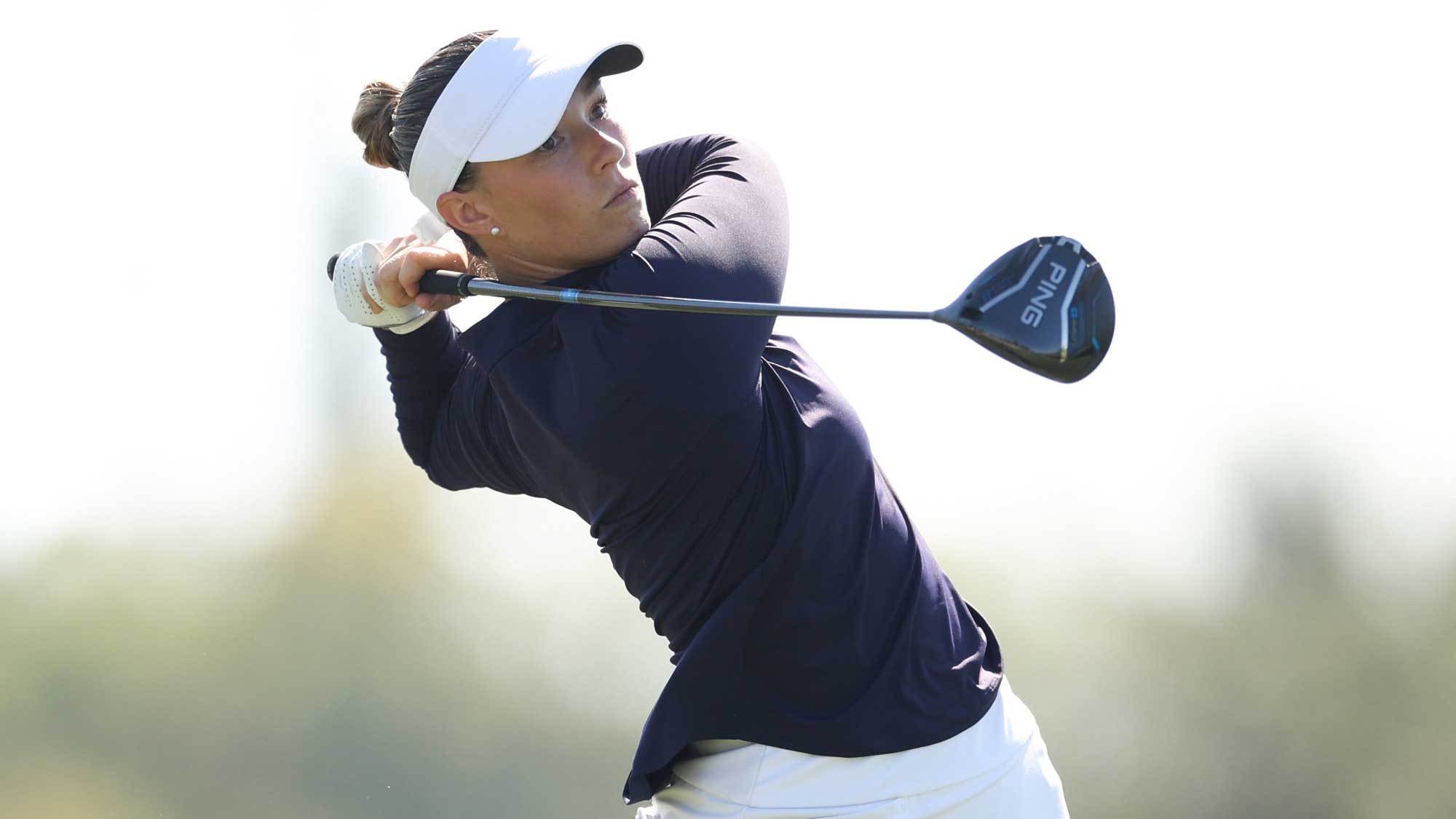 Madison Young of the United States plays a shot from the fourth tee during the second round of the Founders Cup presented by U.S. Virgin Islands 2025 at Bradenton Country Club on February 07, 2025 in Bradenton, Florida.