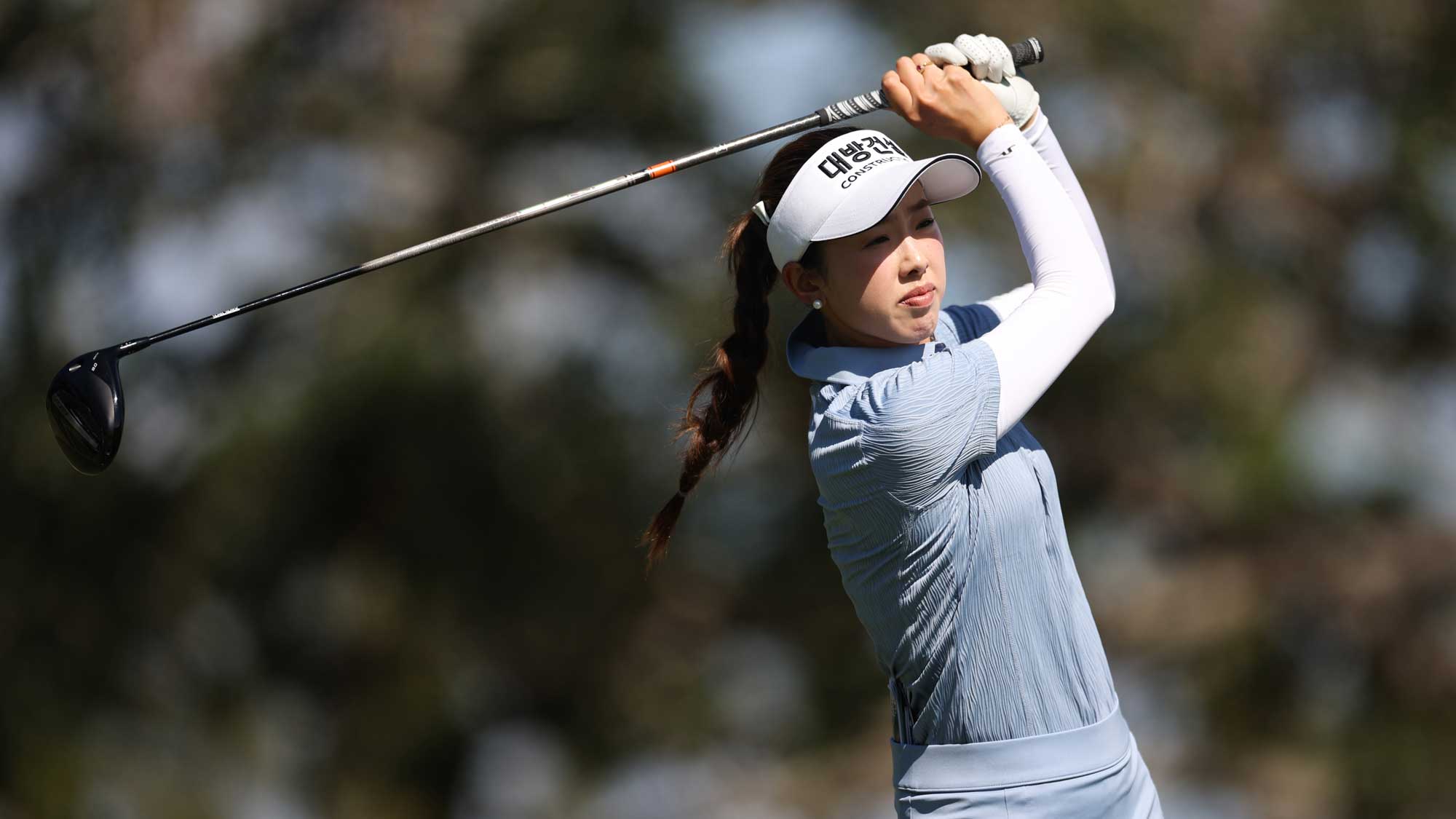 Yealimi Noh of the United States plays a shot from the fifth tee during the third round of the Founders Cup presented by U.S. Virgin Islands 2025 at Bradenton Country Club on February 08, 2025 in Bradenton, Florida. 