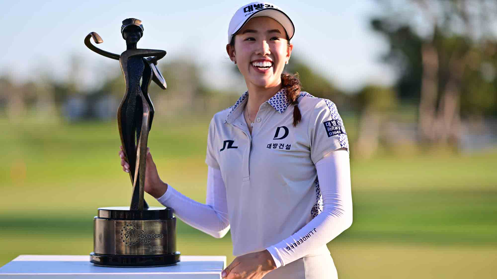 Yealimi Noh of the United States celebrates with the trophy after winning the Founders Cup presented by U.S. Virgin Islands 2025 at Bradenton Country Club on February 09, 2025 in Bradenton, Florida.