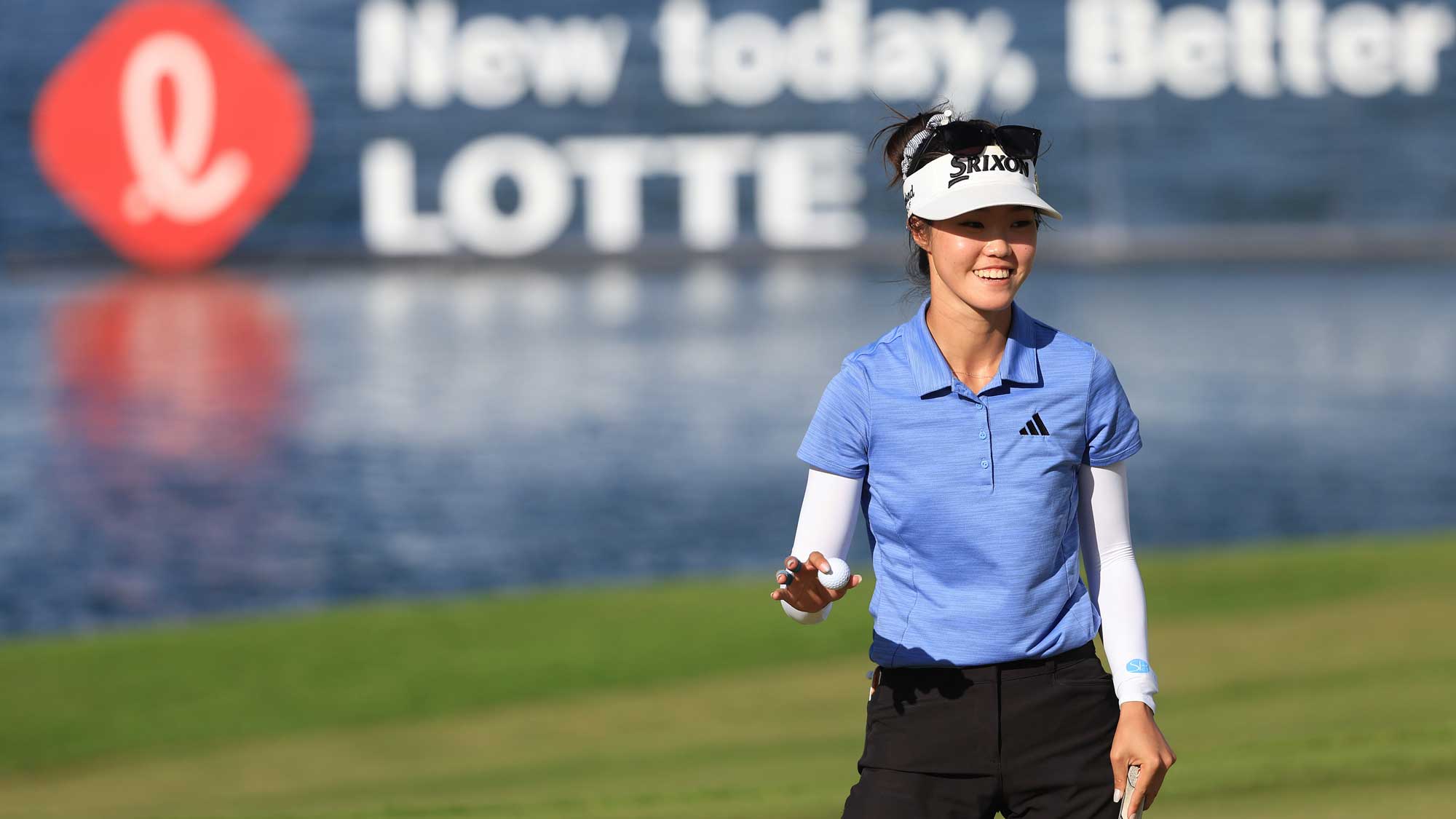 Grace Kim of Australia waves after her putt on the 18th hole during the final round of the LOTTE Championship presented by Hoakalei at Hoakalei Country Club on April 15, 2023 in Ewa Beach, Hawaii.