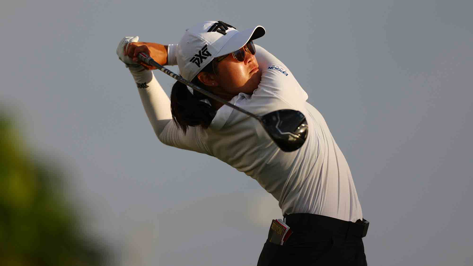 Auston Kim of the United States plays her shot from the 18th tee during the second round of the LOTTE Championship presented by Hoakalei 2024 at Hoakalei Country Club on November 07, 2024 in Ewa Beach, Hawaii. 