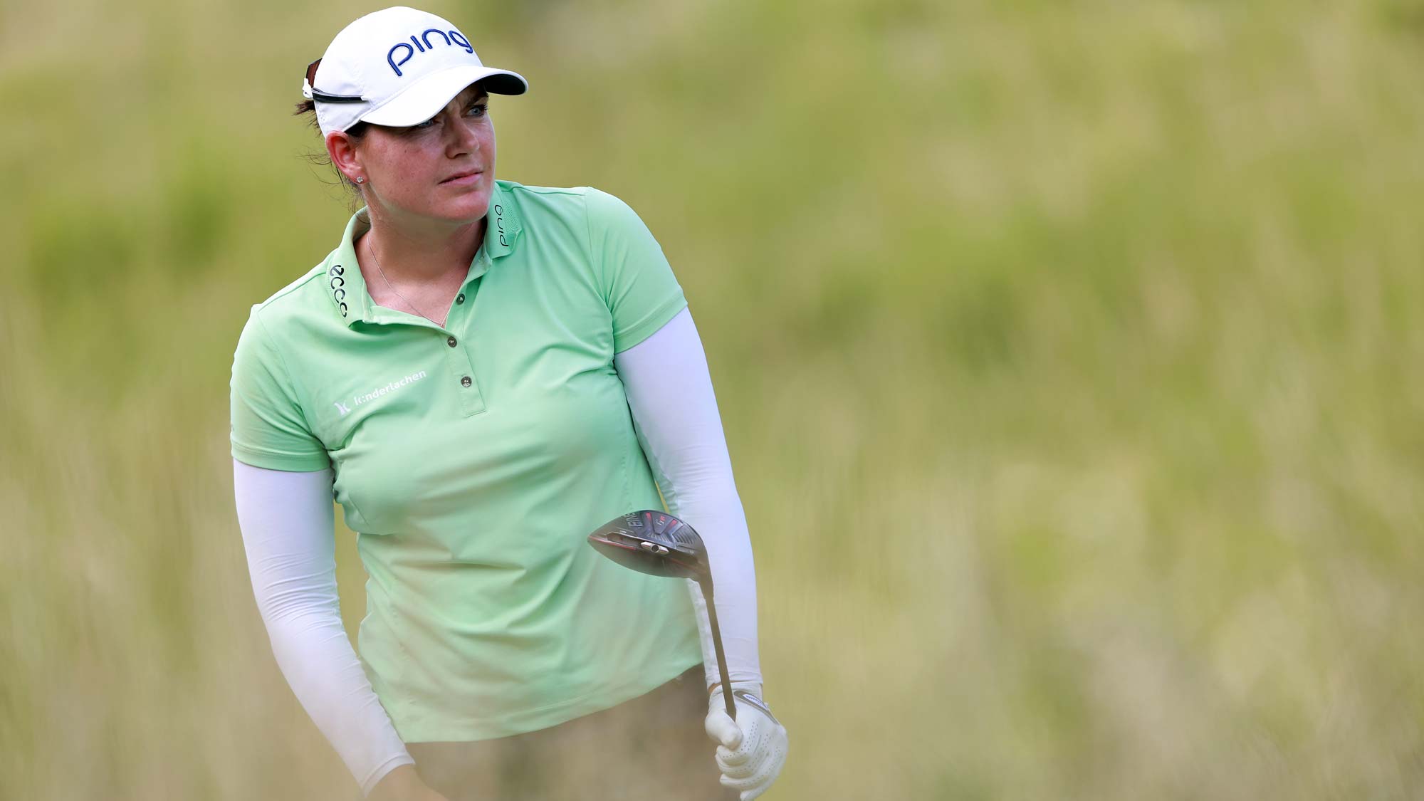 Caroline Masson of Germany hits a drive off the 14th tee during the Bank of Hope LPGA Match-Play Hosted by Shadow Creek