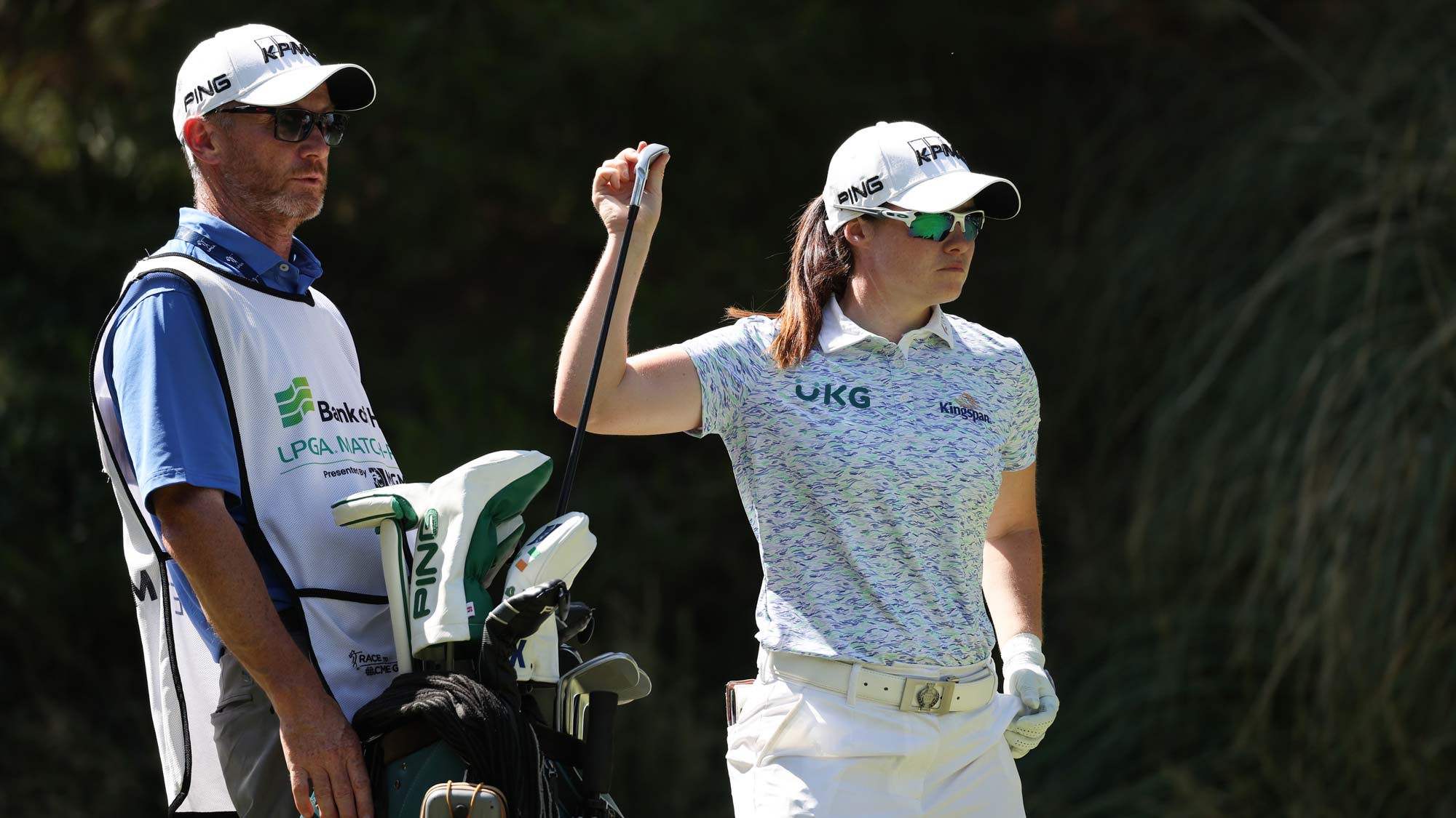 Leona Maguire of Ireland selects a club on the eighth tee on day four of the Bank of Hope LPGA Match-Play presented by MGM Rewards