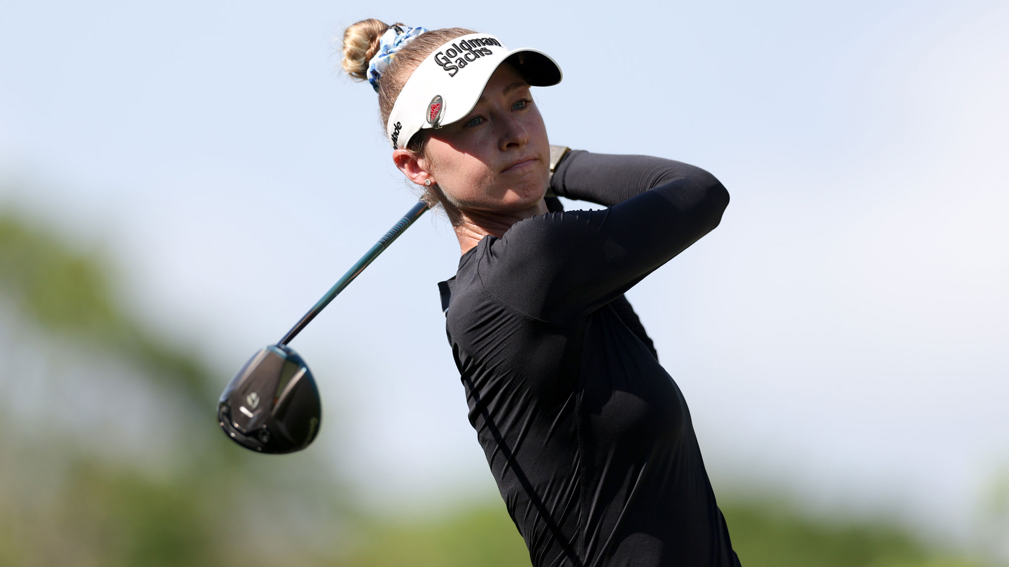 Nelly Korda of the United States plays her shot from the ninth tee during the third round of the Mexico Riviera Maya Open at Mayakoba 2026 at El Camaleon at Mayakoba on May 02, 2026 in Playa del Carmen, Mexico.