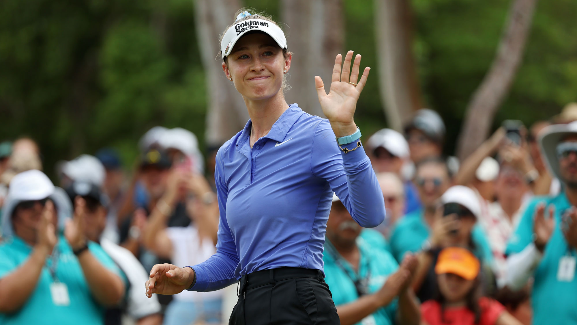Nelly Korda of the United States waves to the crowd during the trophy ceremony after winning the Mexico Riviera Maya Open at Mayakoba 2026 at El Camaleon at Mayakoba on May 03, 2026 in Playa del Carmen, Mexico.
