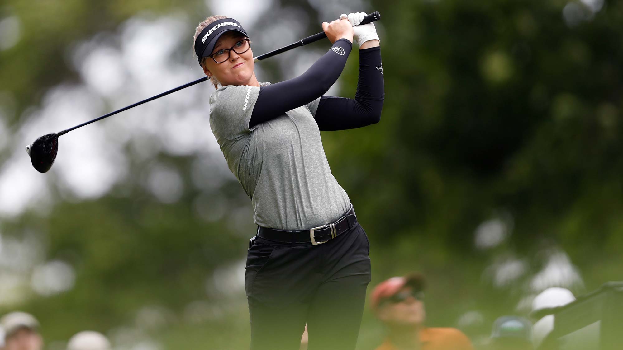 Brooke M. Henderson of Canada plays her shot from the sixth tee during the first round of the Meijer LPGA Classic for Simply Give at Blythefield Country Club