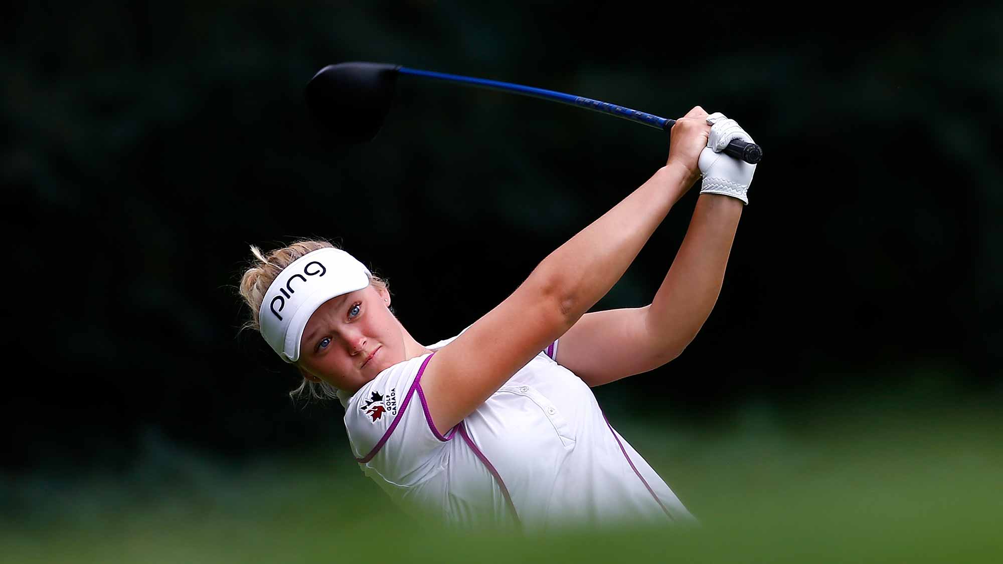 Brooke M. Henderson tees off on the third hole during the third round of the LPGA Cambia Portland Classic at Columbia Edgewater Country Club