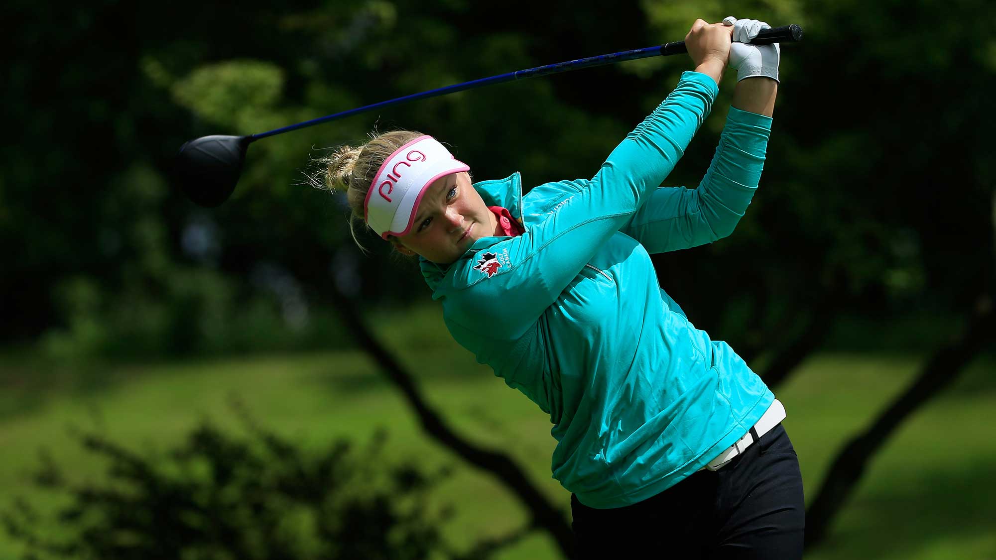 Brooke M. Henderson of Canada hits her drive on the fourth hole during the fourth and final round of the Cambia Portland Classic