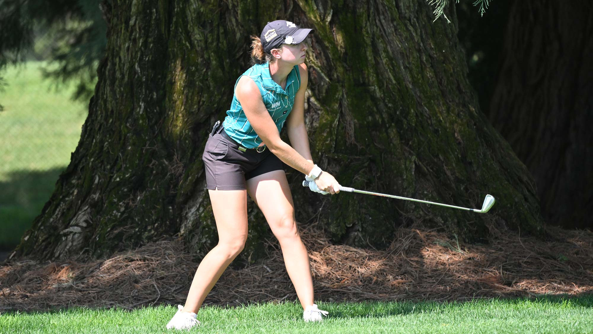 Polly Mack of Germany plays a shot on the 18th hole during the first round of the Portland Classic at Columbia Edgewater Country Club