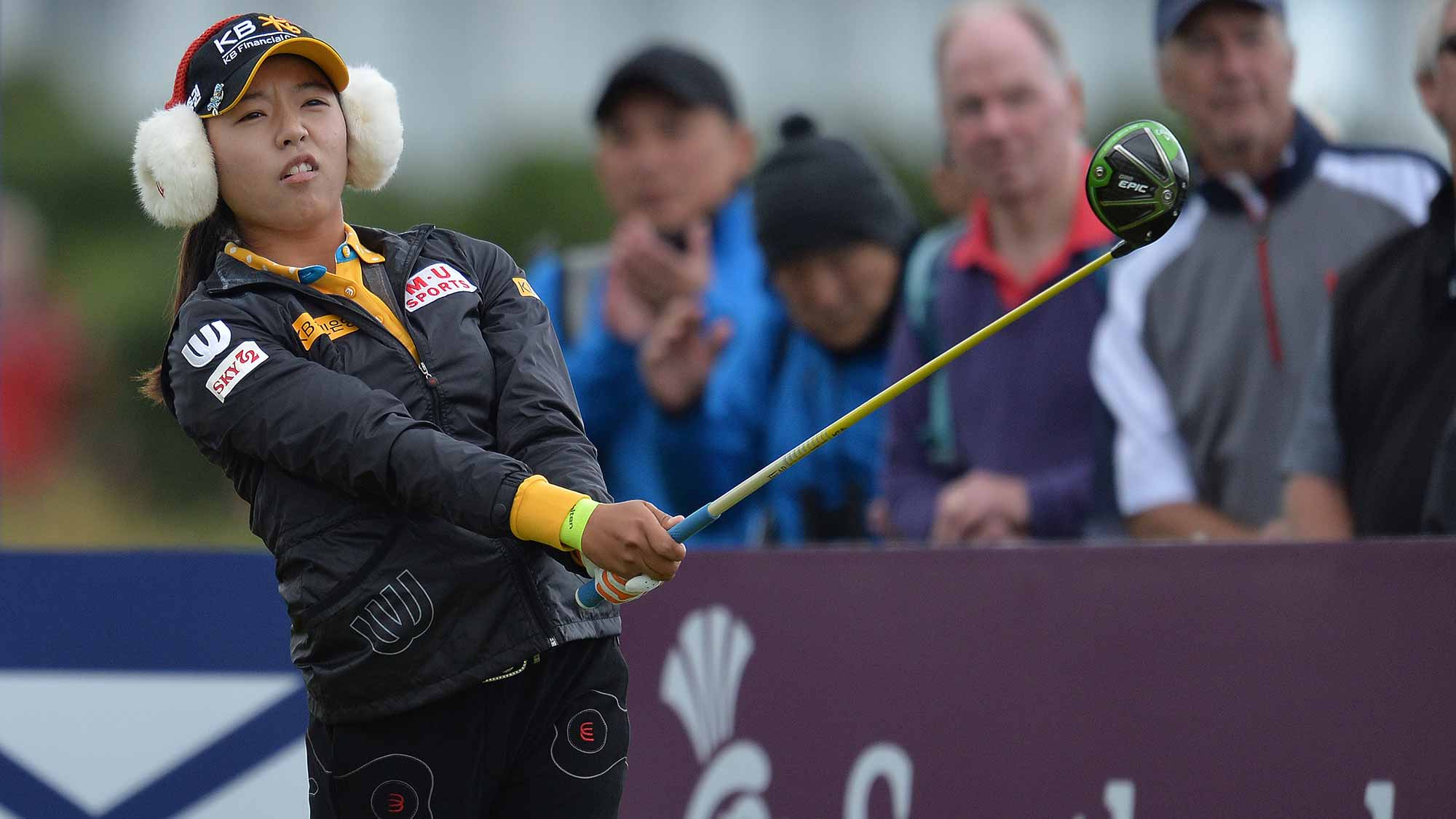 Mi Hyang Lee of Korea plays her tee shot to the 1st hole during the final day of the Aberdeen Asset Management Ladies Scottish Open at Dundonald Links Golf Course