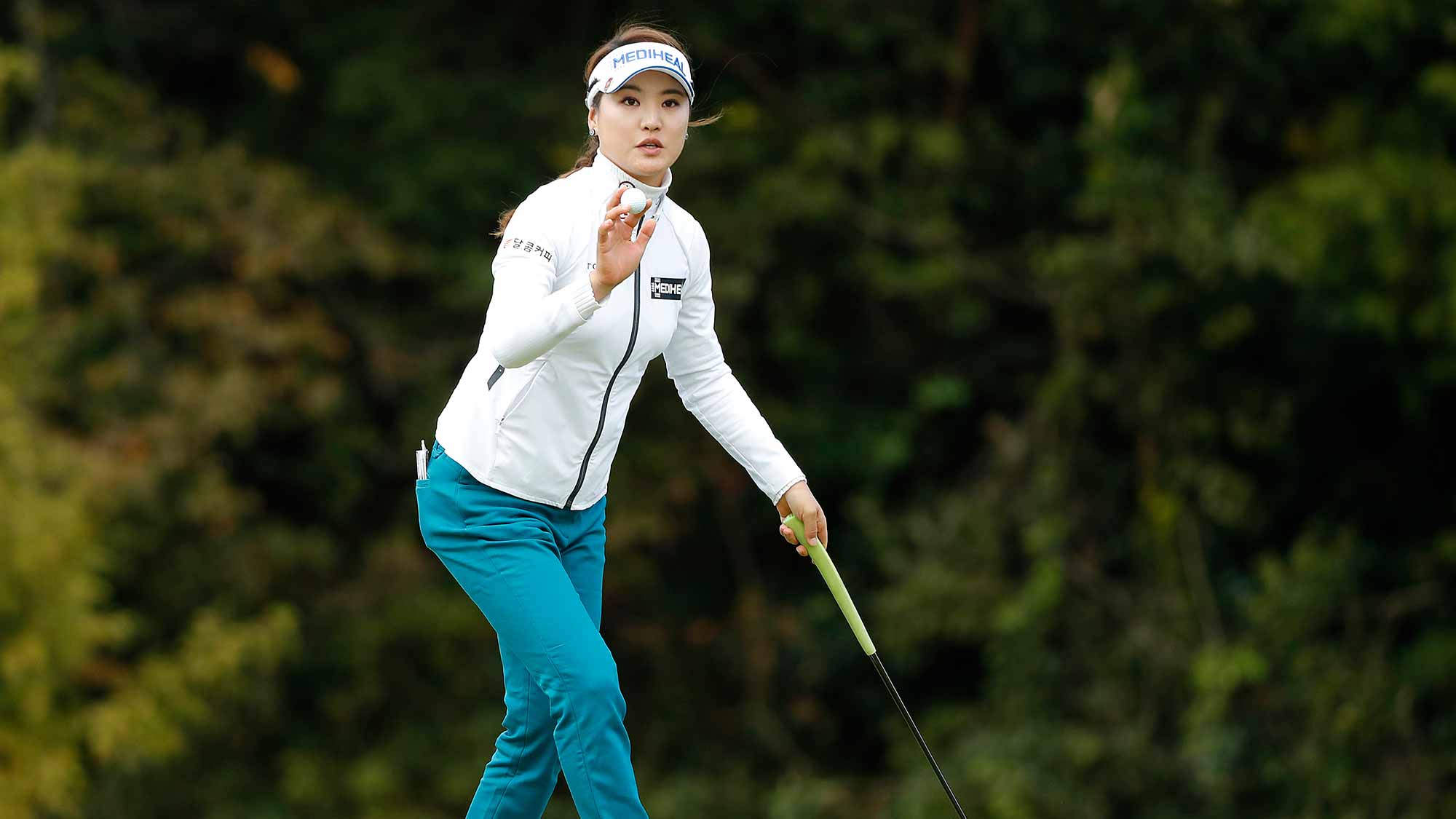 So Yeon Ryu of South Korea reacts after a putt on the 18th green during the first round of the TOTO Japan Classic at Seta Golf Course on November 02, 2018 in Otsu, Shiga, Japan