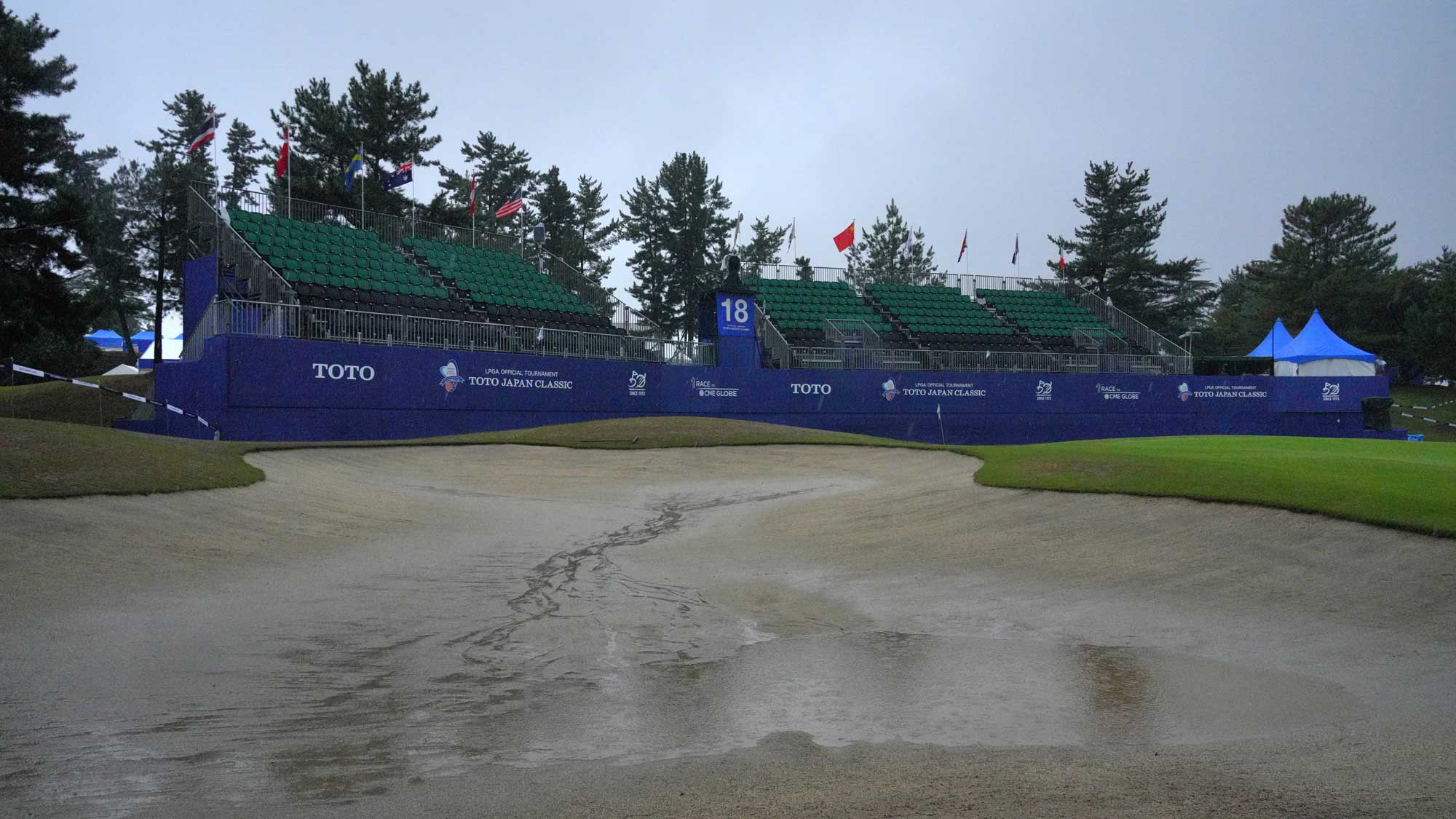 A general view of the 18th green as the third round of the TOTO Japan Classic 2024 has been cancelled due to bad weather at Seta Golf Course on November 2, 2024 in Otsu, Shiga, Japan. The tournament has been shortened to 54-stroke play.