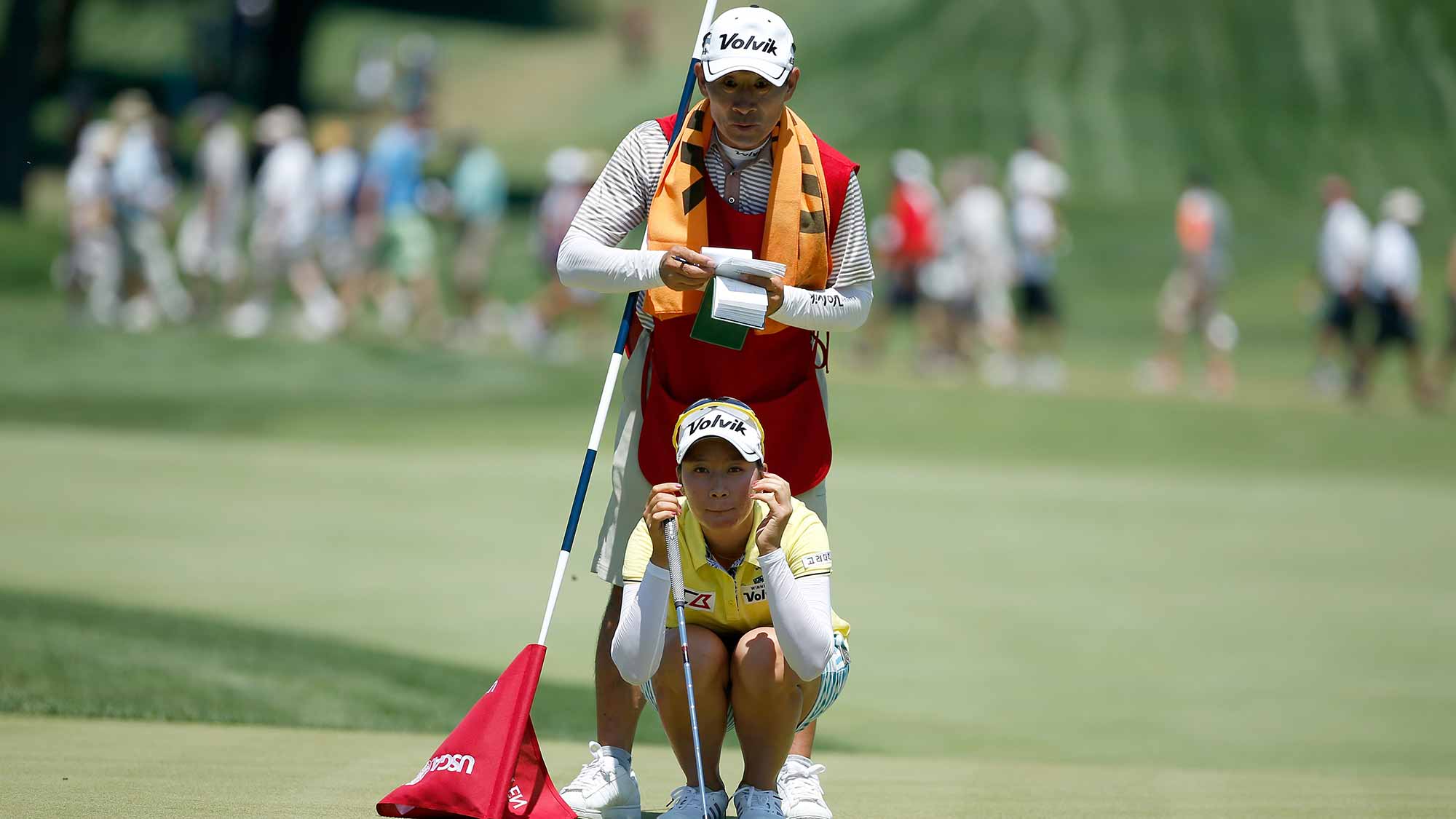 Chella Choi of South Korea looks over a shot on the 18th hole during the third round of the U.S. Women's Open at Lancaster Country Club