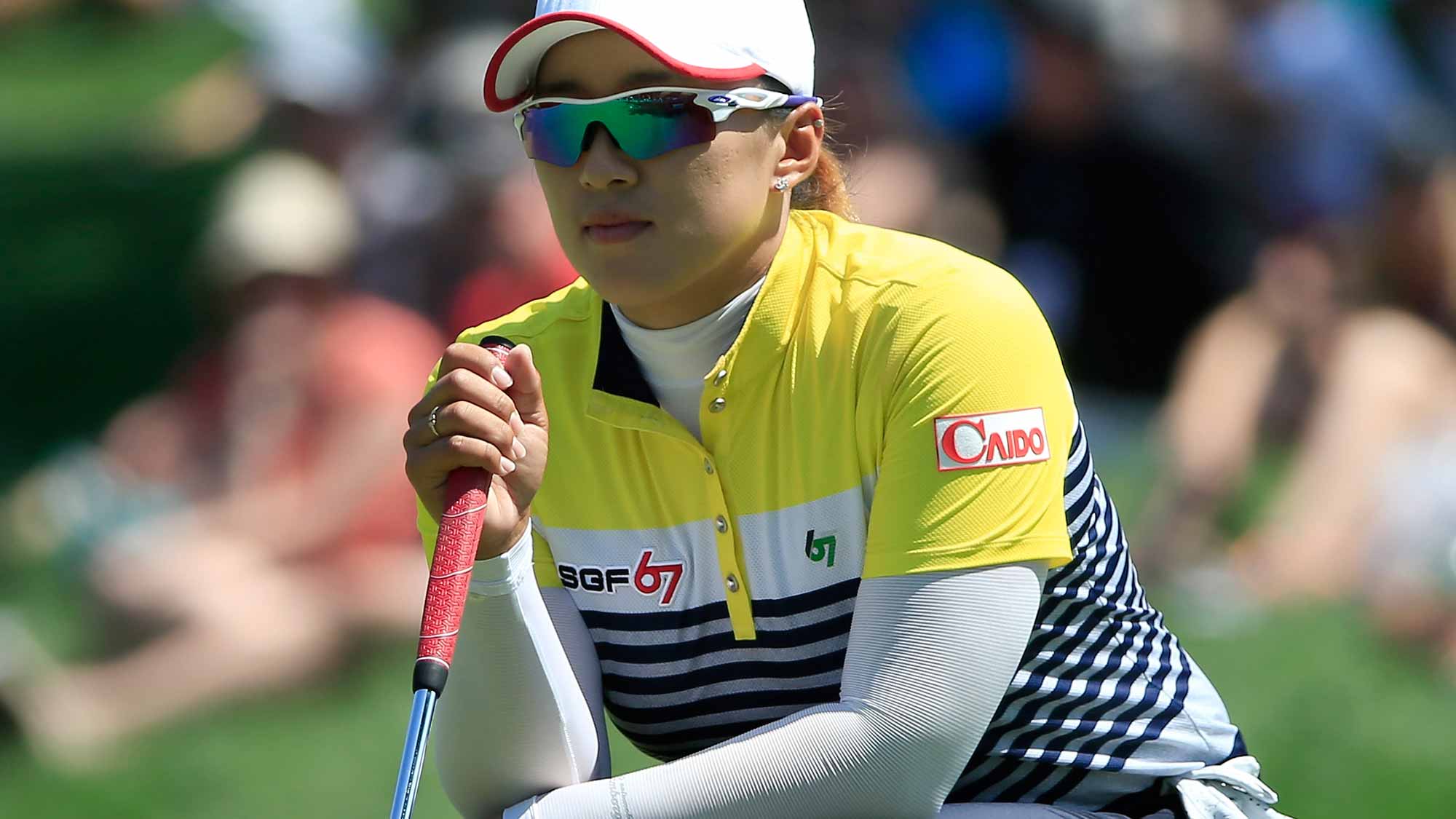 Amy Yang of South Korea looks over a shot on the sixth hole during the third round of the U.S. Women's Open at Lancaster Country Club