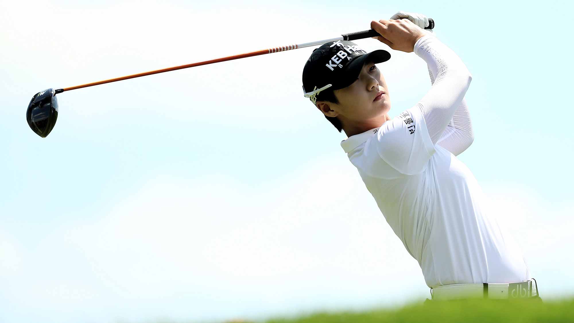 Sung Hyun Park of Korea takes her shot from the second tee during the final round of the U.S. Women's Open on July 16, 2017 at Trump National Golf Club