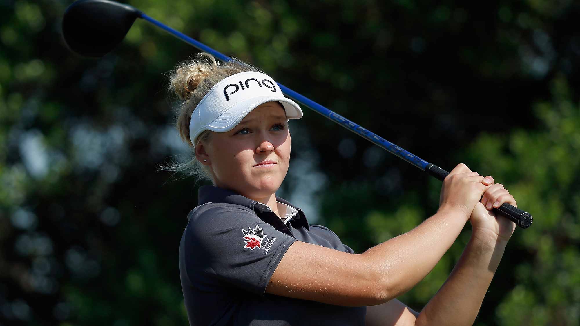 Brooke M. Henderson of Canada hits a tee shot on the second hole during Round Three of the 2015 Volunteers of America North Texas Shootout Presented by JTBC