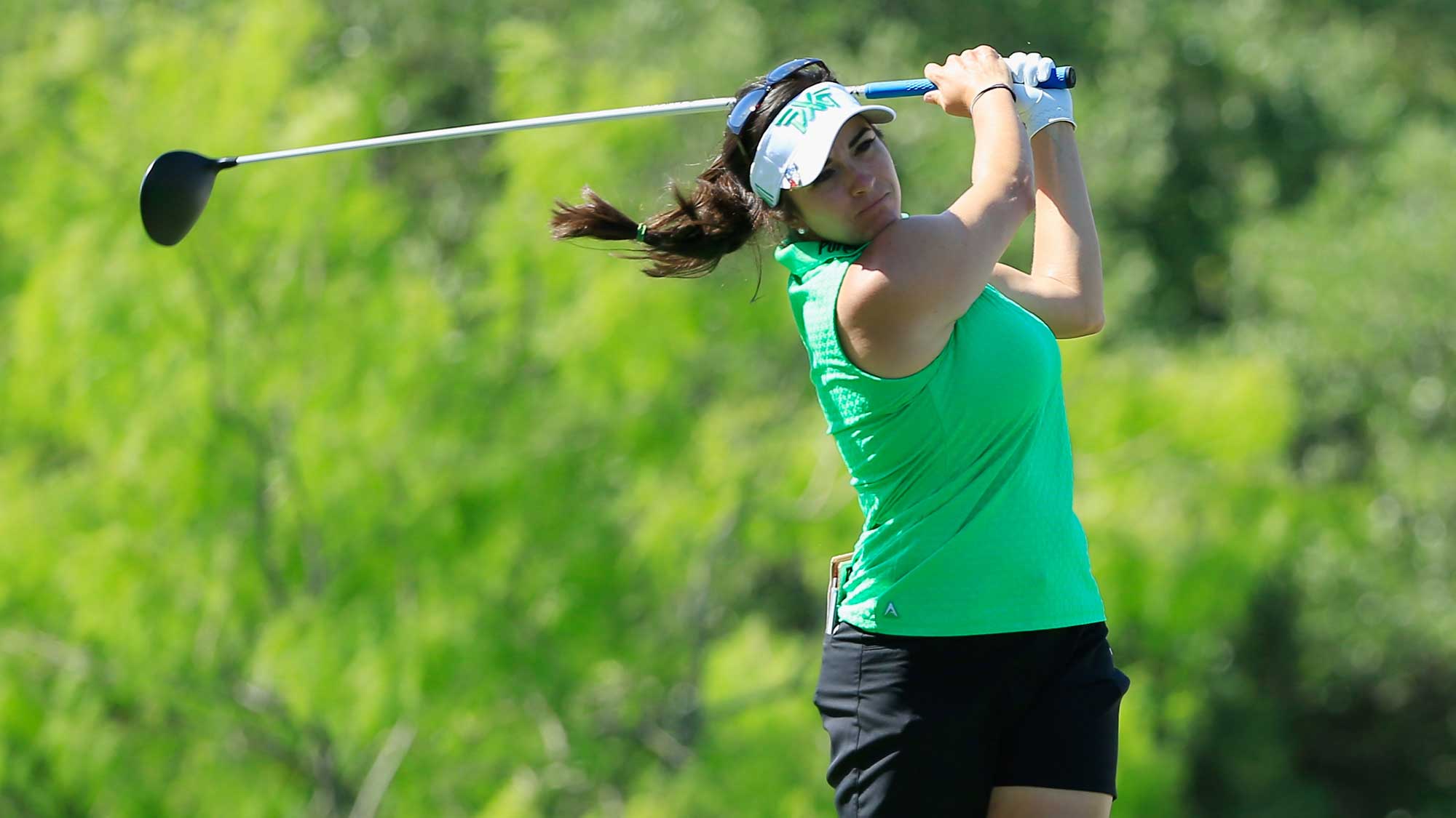 Gerina Piller hits her tee shot on the third hole during the first round of the Volunteers of America Texas Shootout