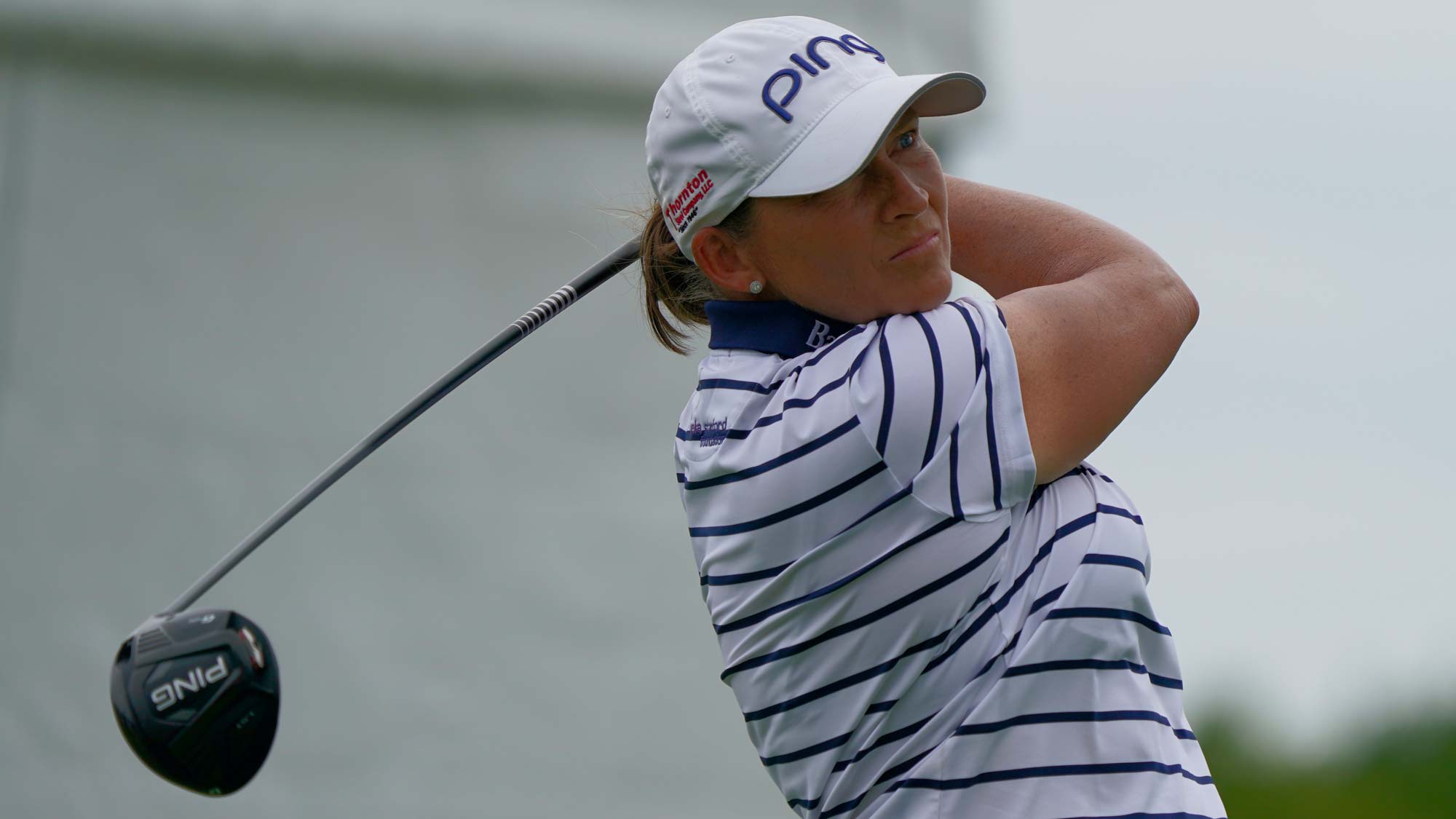 Angela Stanford watches her tee shot on the first hole during the third round of the Volunteers of America Classic