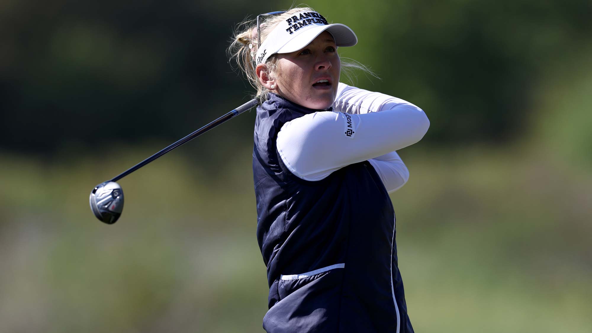 Jessica Korda hits a tee shot on the eighth hole during the first round of the Volunteers of America Classic at Old American Golf Club