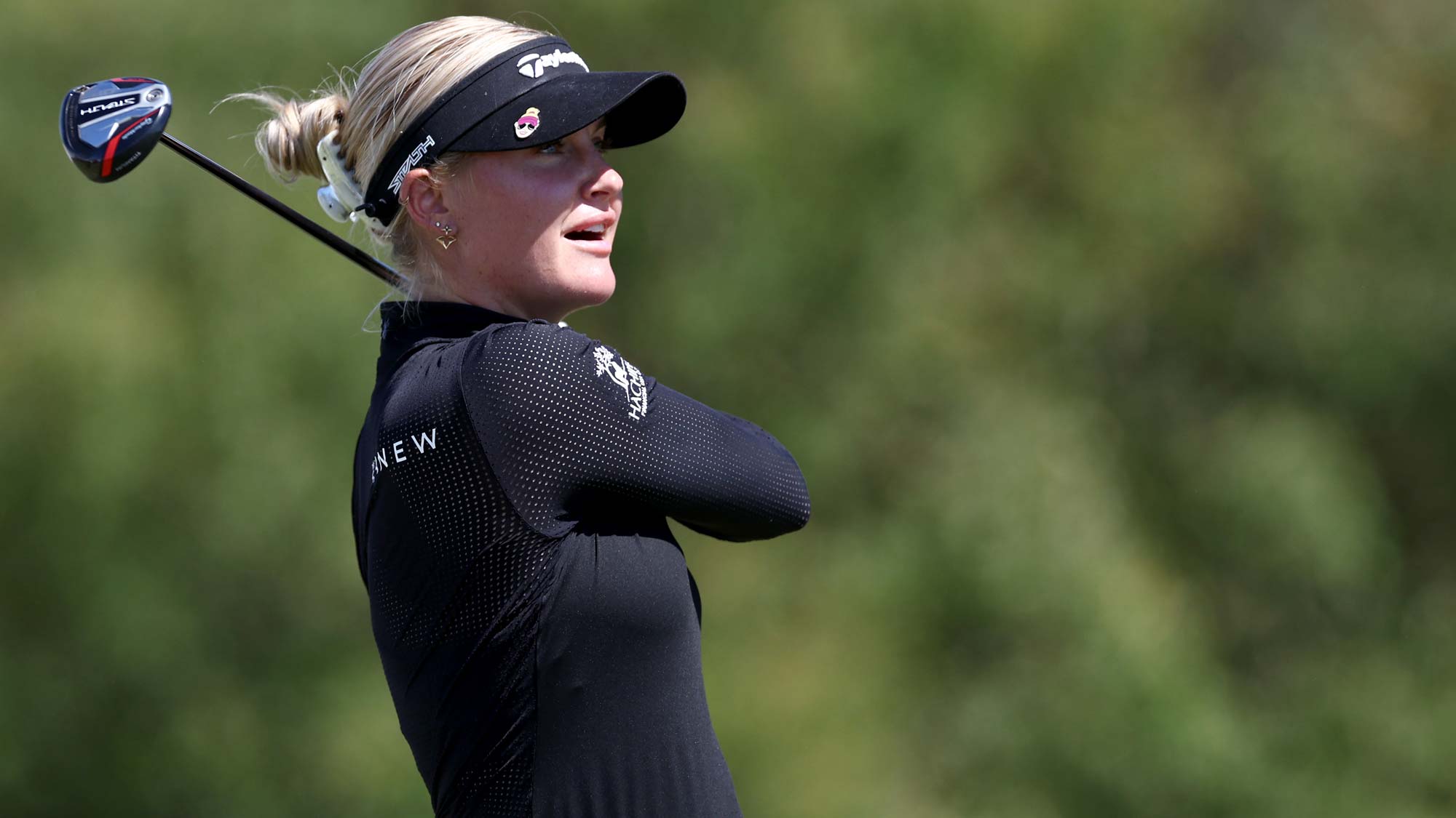 Charley Hull of England plays her shot on the ninth tee during the second round of The Ascendant LPGA benefiting Volunteers of America at Old American Golf Club